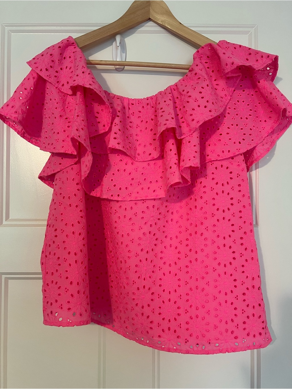 Lilly Pulitzer Hot Pink Eyelet Off-Shoulder Ruffle Top Large